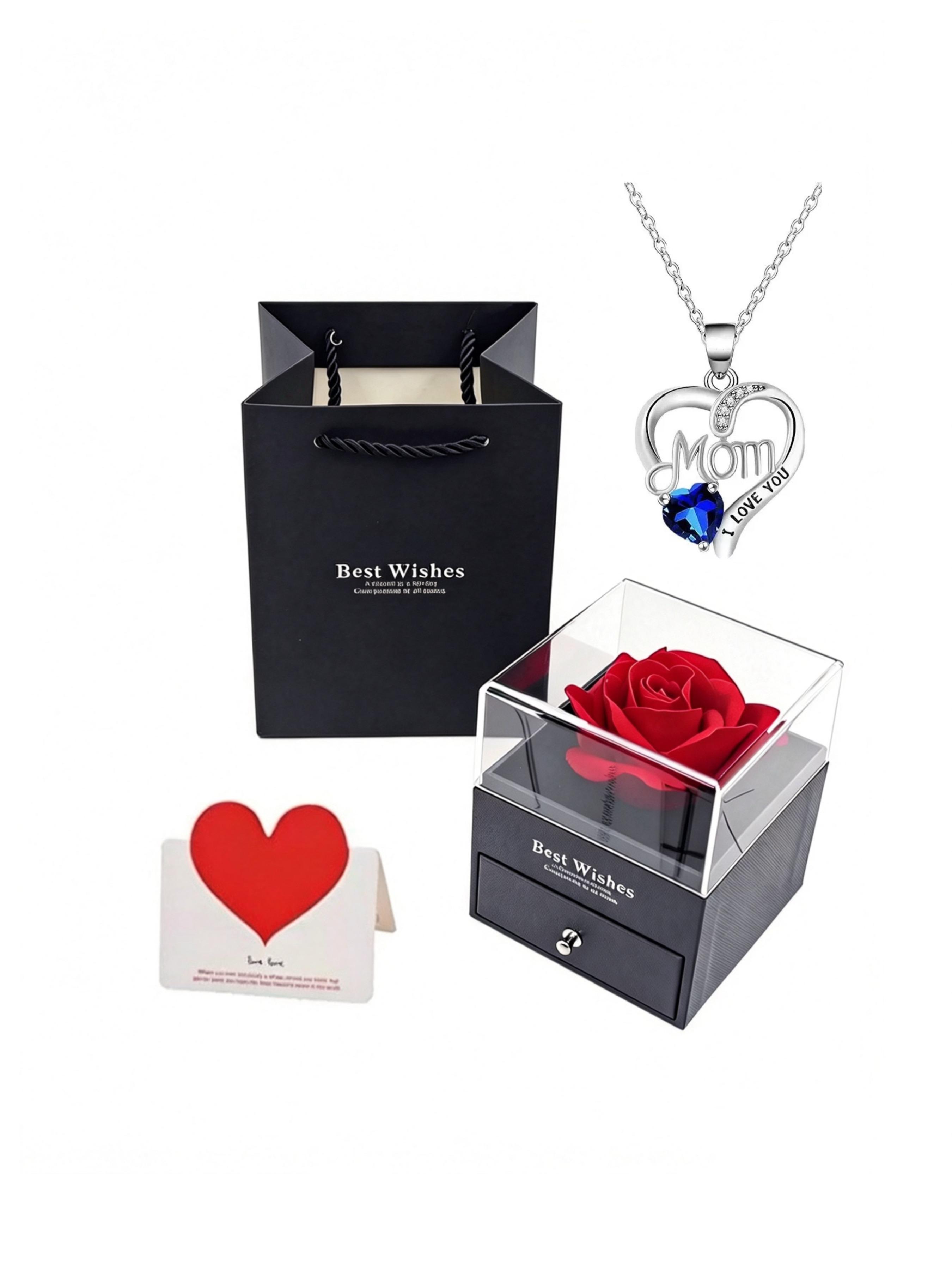 Mother's Day Gift Necklace, Heart Rose Flower Pendant, Personalized Letter Engraving, Elegant Jewelry Box Packaging, Perfect for Mom