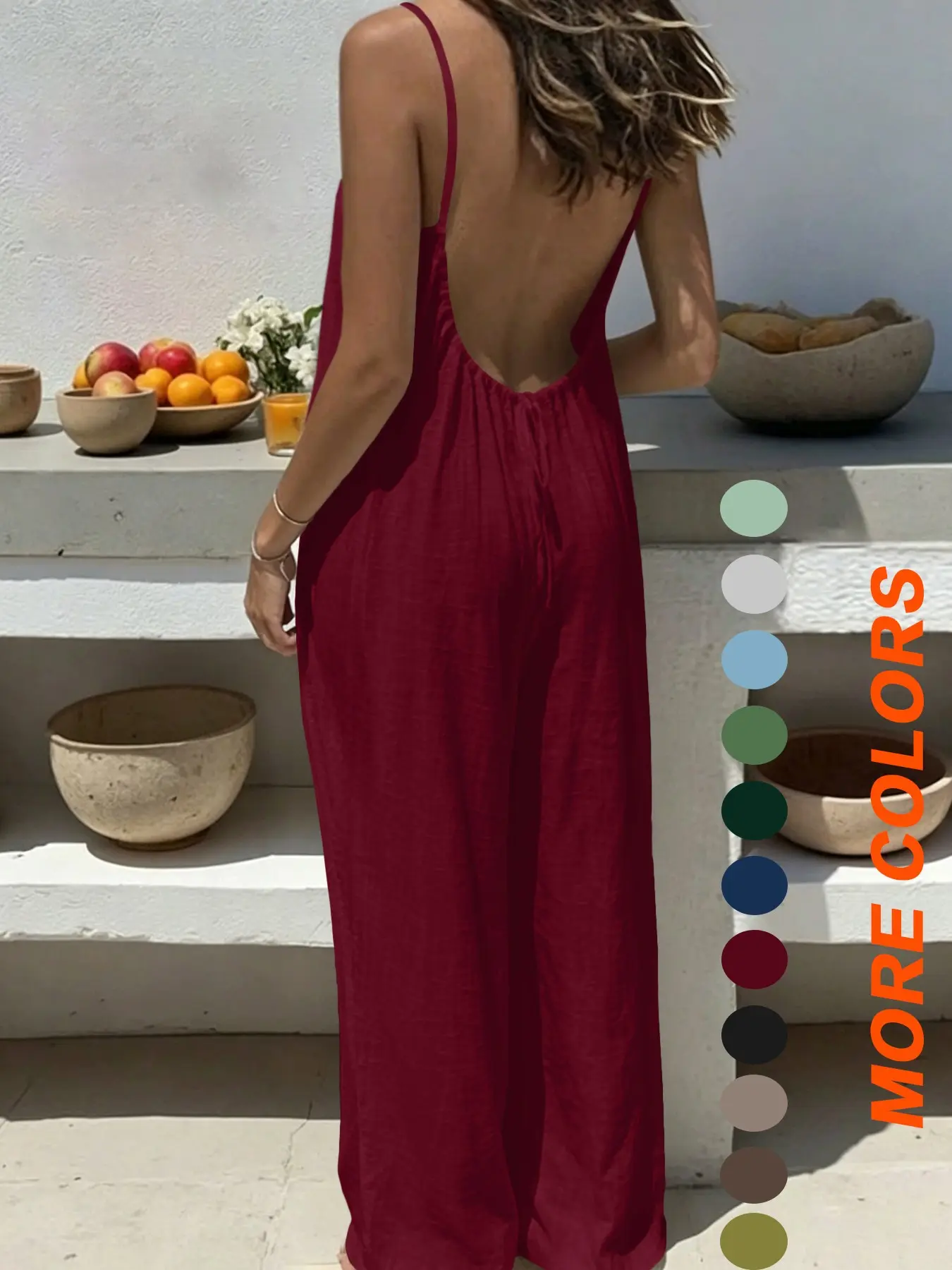 Figure-Flattering Ruched Waist Women's 2026 Summer Spaghetti Strap Backless Jumpsuit Solid Color Sexy Elegant for Party Date Vacation Wear