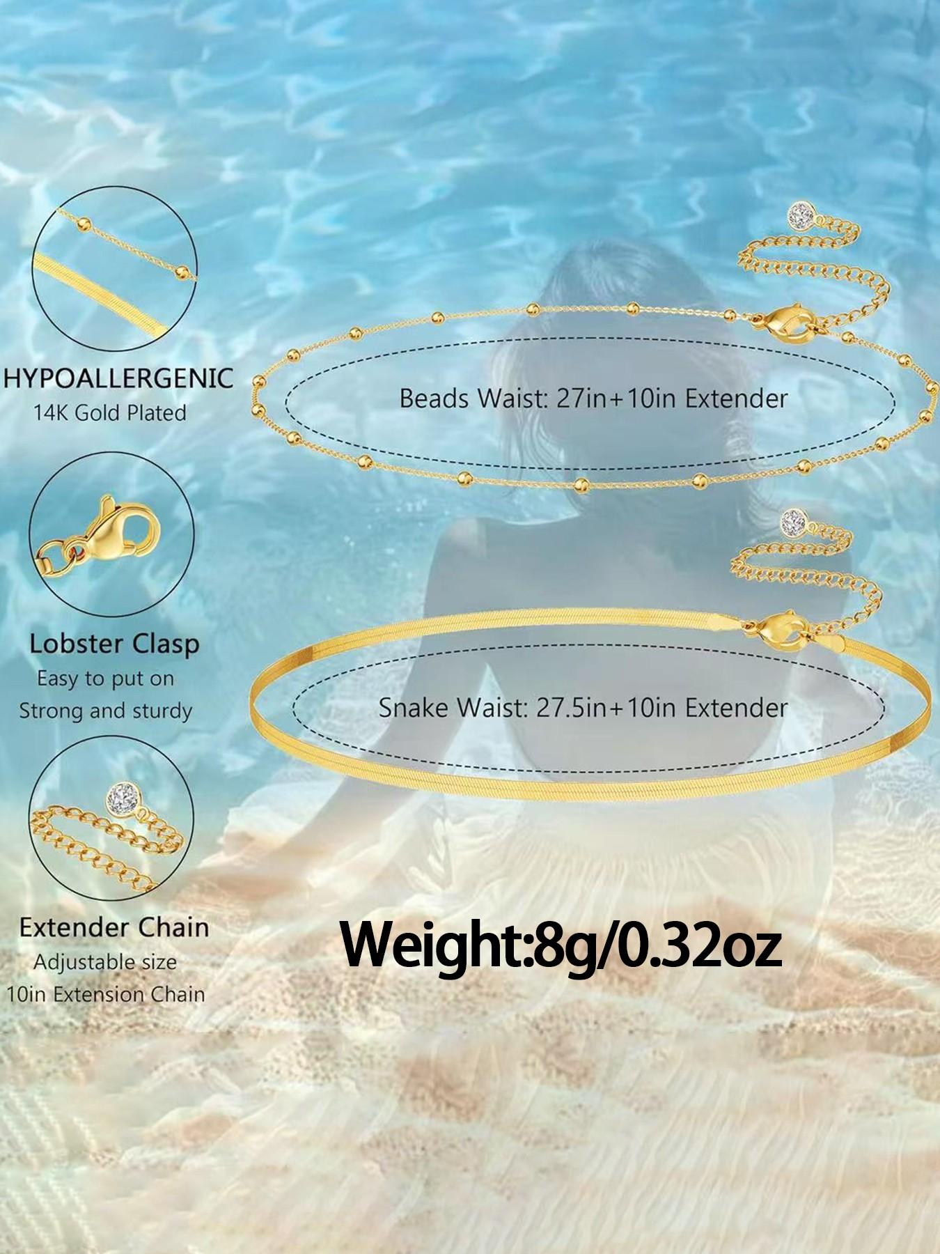 14K Gold Plated & Silver Plated Layered Waist Chain for Women Snake Cuban Link Belly Chain, Summer Beach boho minimalist Body Jewelry Accessories