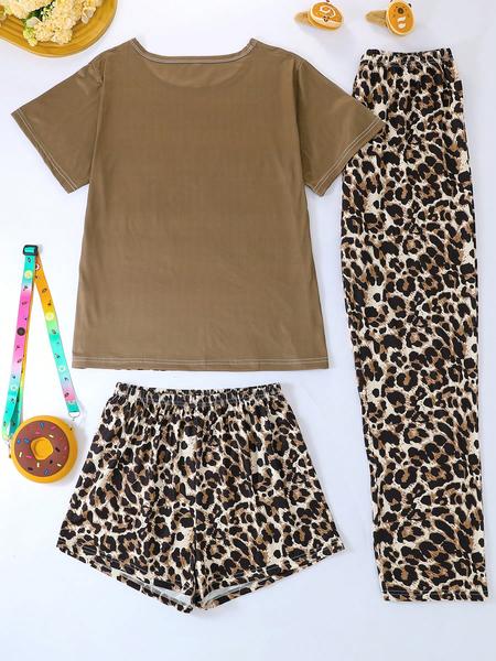 Women's Casual Pajama Set, Round Neck Short Sleeve Top & Elastic Shorts/pants, Leopard & Highland Cow Print, All-Season Wear