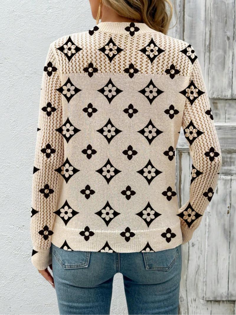 Women's Geometric Print Round Neck Sweater Knitted Top, Casual Long Sleeve Knitwear for Fall Winter, Comfortable Warm Daily Wear