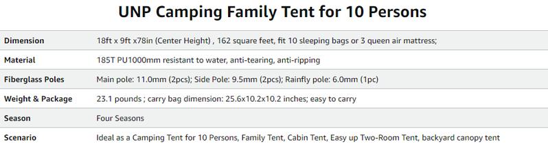 UNP Camping Tent 10-Person-Family Tents, Parties, Music Festival Tent, Big, Easy Up, 5 Large Mesh Windows, Double Layer, 2 Room, Waterproof, Weather Resistant, 18ft x 9ft x78in UNP Camping Tent 10-Person-Family Tents, Parties, Music Festival Tent, Big, Easy Up, 5 Large Mesh Windows, Double Layer, 2 Room, Waterproof, Weather Resistant, 18ft x 9ft x78in