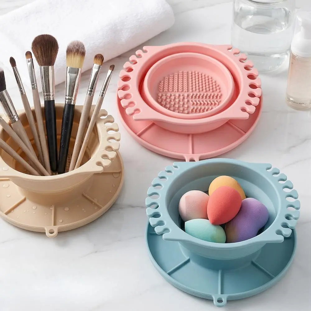 Silicone Folding 3-in-1 Lightweight Mini Brush Washing Bucket - Storage Cleansing Container with Built-in Palette, Portable Multifunctional Tool for Cosmetic Brushes & Daily Use