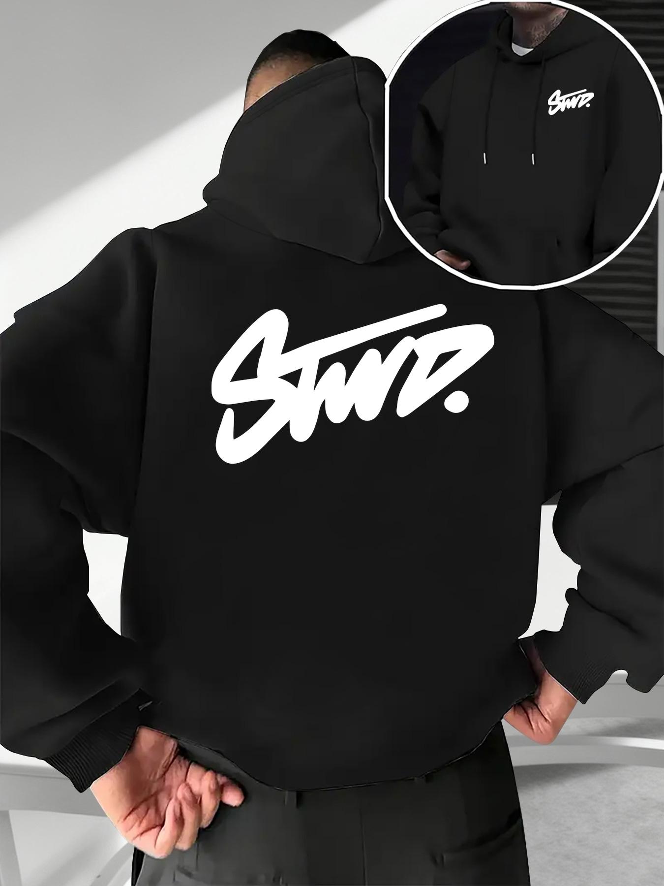 Men's Fall Winter Trendy Hoodie, Geometric Stwd Letter Print Front Back, Casual Fitted Hooded Sweatshirt, Street Style Men's Clothing