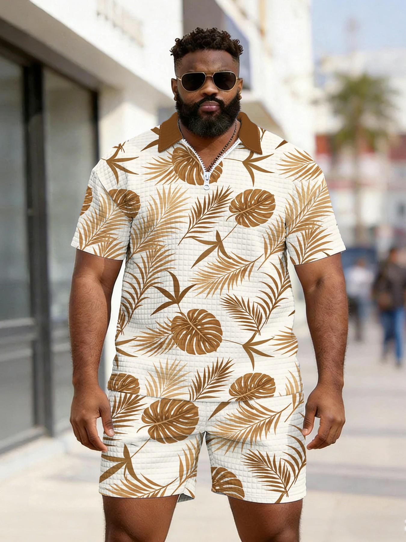 Men's Tropical Plant Leaf Jumper Polo Set, Large Size Zipper Design, Summer Casual Breathable Beach Wear