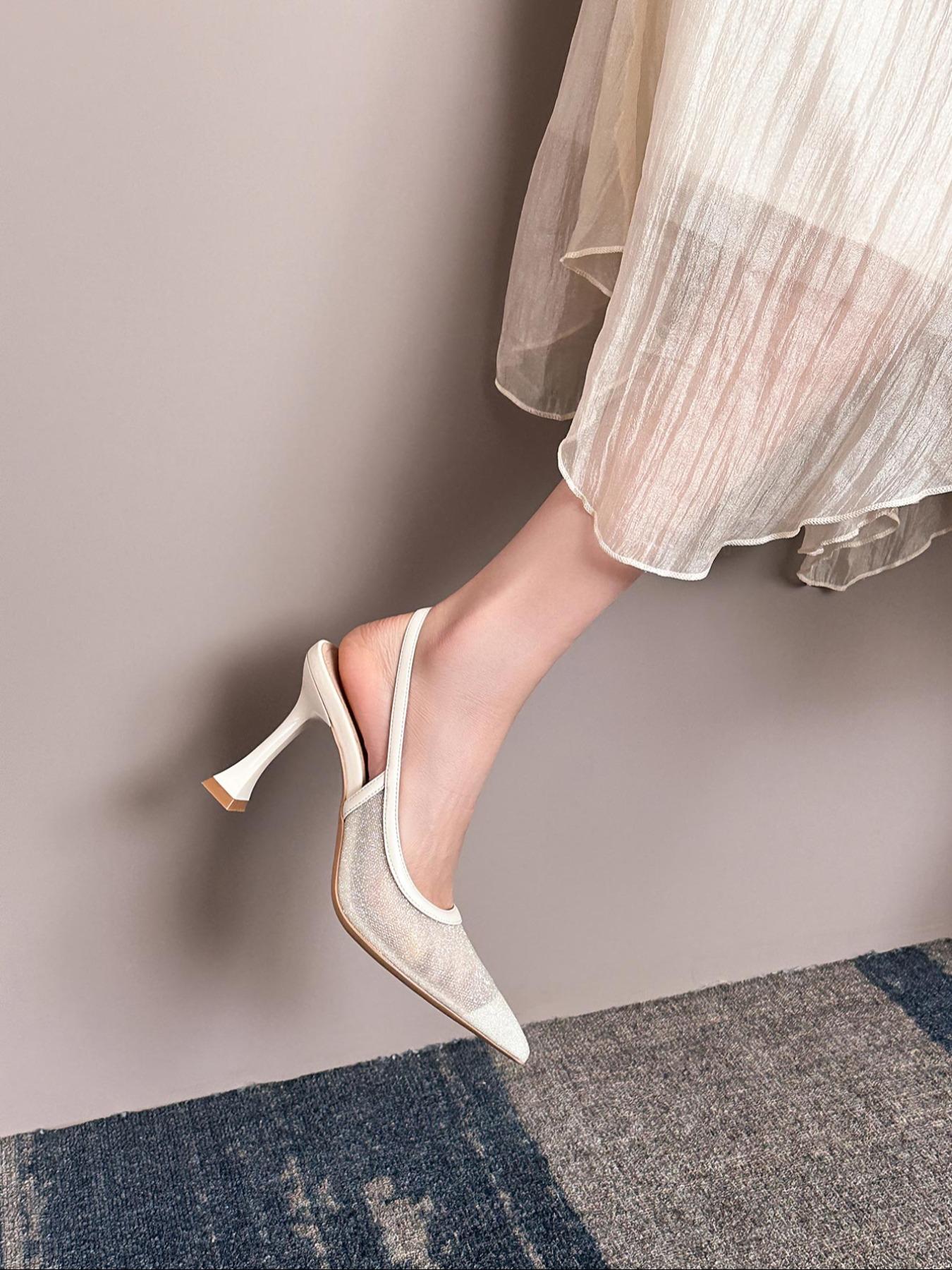 Women's Solid Color Pointed Toe High Heel Shoes, Ankle Strap Heels, Elegant Fashionable Heels for Party, Daily Clothing Decor, Back Empty Versatile Shoes for Women, Footwear