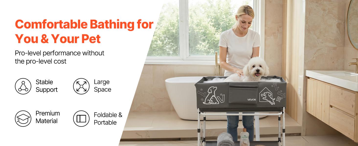 VEVOR Dog Bathtub, Elevated Dog Bath Tub, Collapsible Pet Bathing Grooming Wash Station, Portable Foldable Space-saving, with Built-In Drain Hose for Small and Medium Pet Cat Indoor Outdoor, Gray