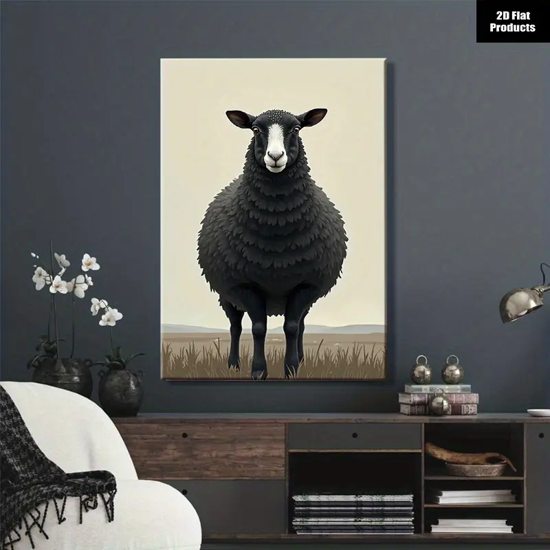 2D Flat, 1pc Black Sheep Wall Art Canvas Print - Rustic Farmhouse Modern Wrapped Gallery Frame, Black & White Sheep Portrait for /Outdoor Farm Animal Decor, Sheep Headshot for Living Room, Bedroom, - Easy to Hang, 2D Flat