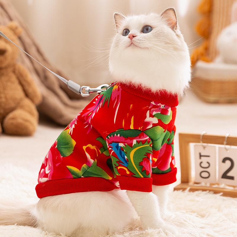 Kitten Apparel Autumn Winter Floral Sweatshirt for Ragdoll British Shorthair New Year Two Legged Cat Clothes