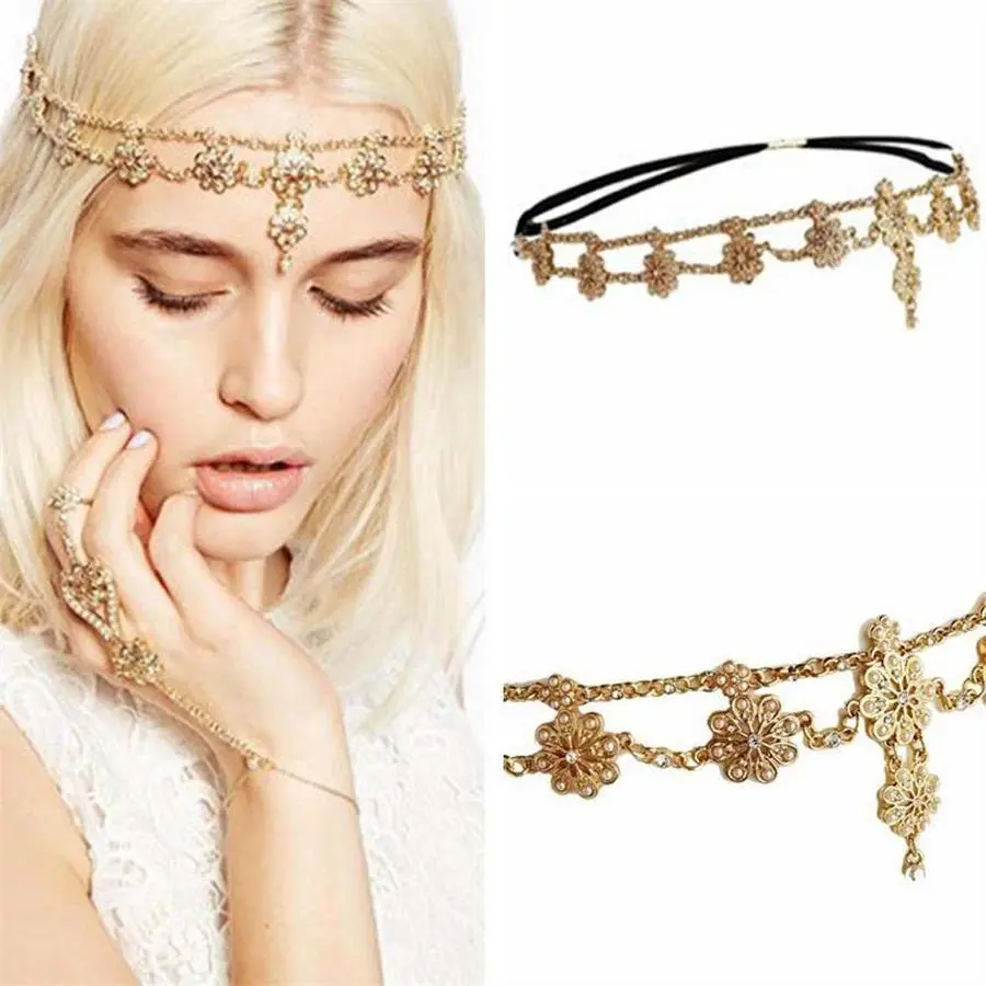 Bohemia Sweet Wedding Headpiece Crystal Bridal Head Chain Tiara Hair Jewelry for Women Rhinestone Forehead Headband Accessories