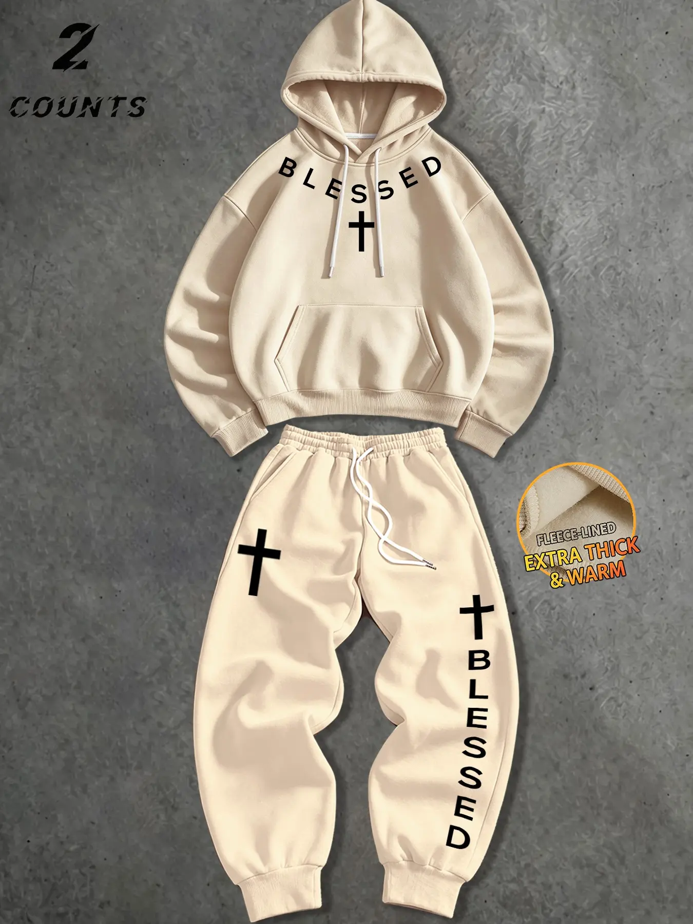 Men's 2 Piece Fleece Lined Tracksuit, Blessed Cross Letter Print Hoodie & Jogger Pants, Thick Warm Loose Street Matching Outfit #Y2K #TrendingViral #ChristianStyle #LetterPrintSet #FleeceOutfit #MensStreetFit