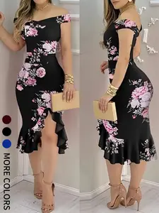 Elegant Off-Shoulder Floral Formal Statement Evening Dress, Flattering Bodycon Midi Skirt, Perfect for Party, Date Night & Wedding Guest, Plus Size Available