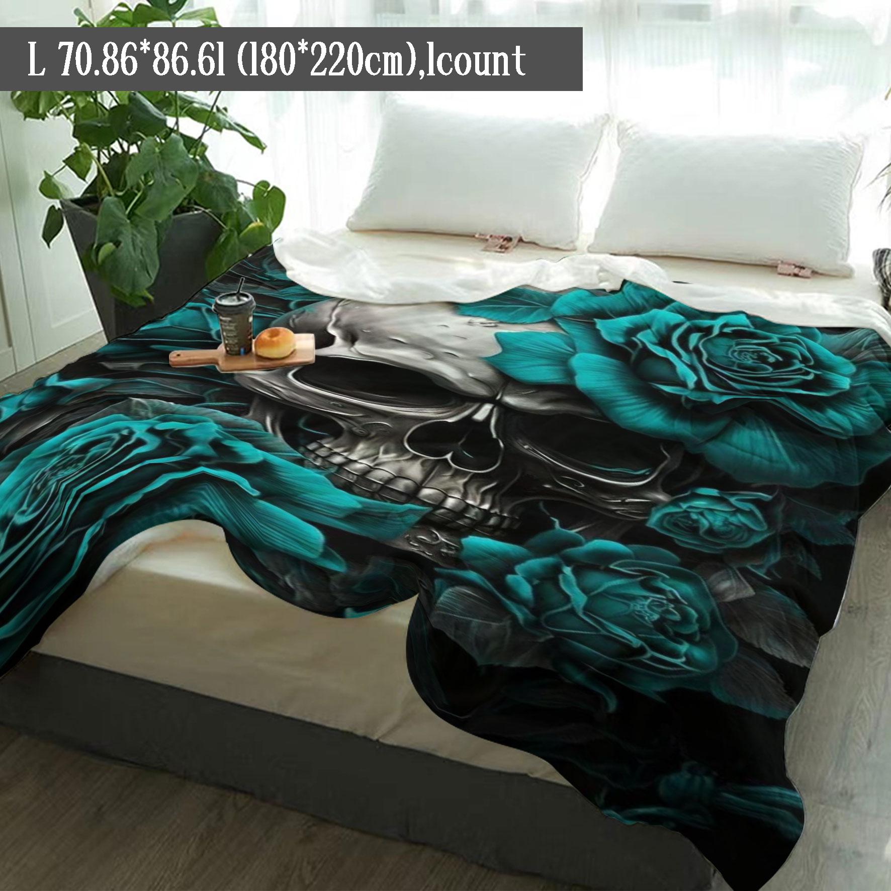 Skull & Rose Pattern Blanket, Soft Warm Throw Blanket, Cool Bedroom Bedding Blankets, Warm Napping Blanket for Home Office Travel