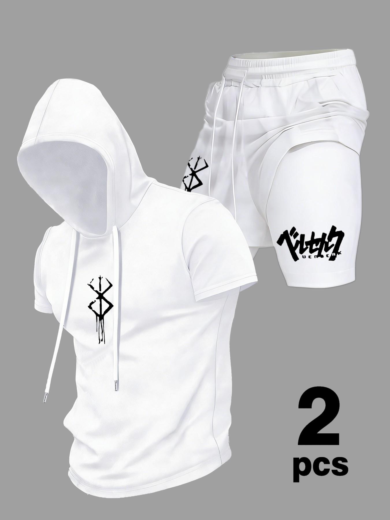 Berserk 2-Piece Short Set: Black Short Sleeve Hoodie & Double-Layer Shorts with Iconic Red Sacrifice Logo & Japanese Kanji | Anime Streetwear for Men & Women | Casual Techwear Loungewear