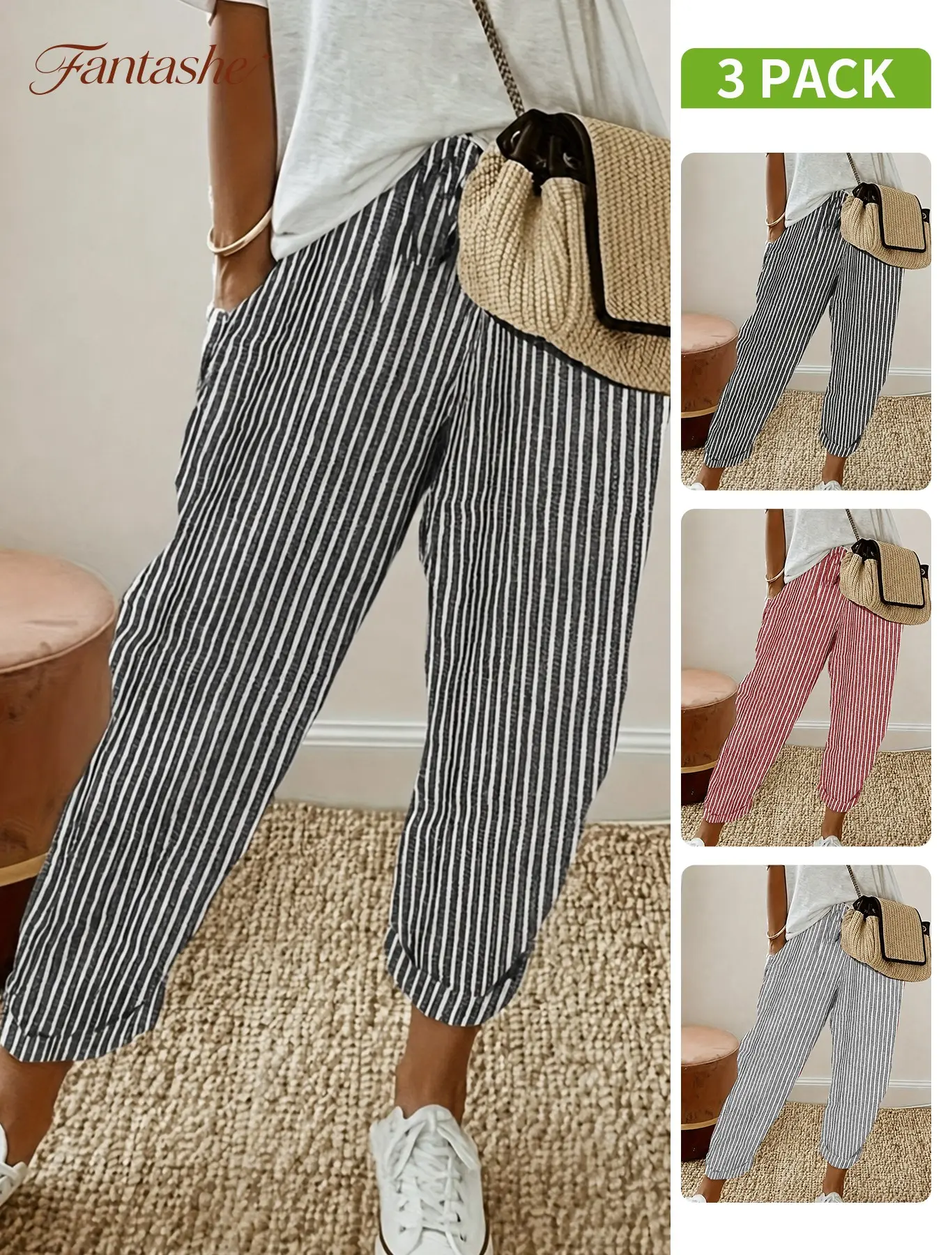 2026 Women's Striped Cropped Jogger Pants, High Waist with Drawstring, SidePockets, Cuffed Ankle Hem, Breathable Lightweight Fabric，summervibe, Drawstring Waist Athleisure