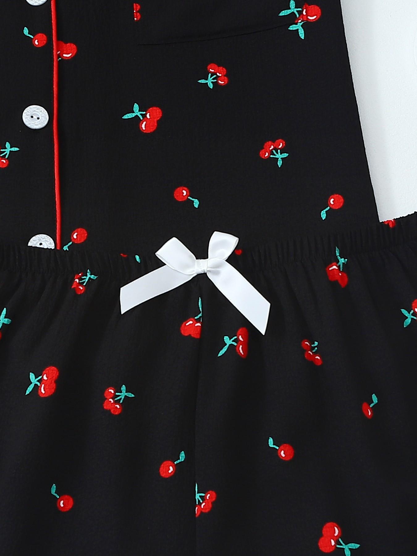 Women's Short Sleeve Button Down Top and Shorts Pajama Set, Spring Summer Wear, For Sweet Cool Baddies, Black Base With Red Cherry Print, Classic Lapel Collar With Contrast Red Piping, Loose Fit, Comfortable For Home & Going Out