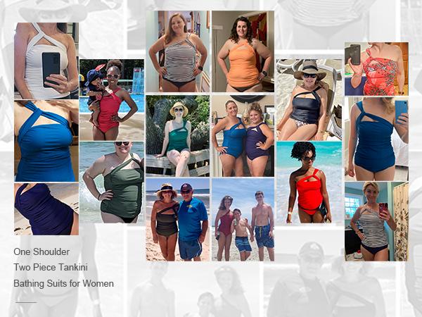 Tempt Me Two Piece Tankini Bathing Suits for Women One Shoulder Swim Top with Bottom Swimsuits Tummy Control Tankini with Swim Briefs