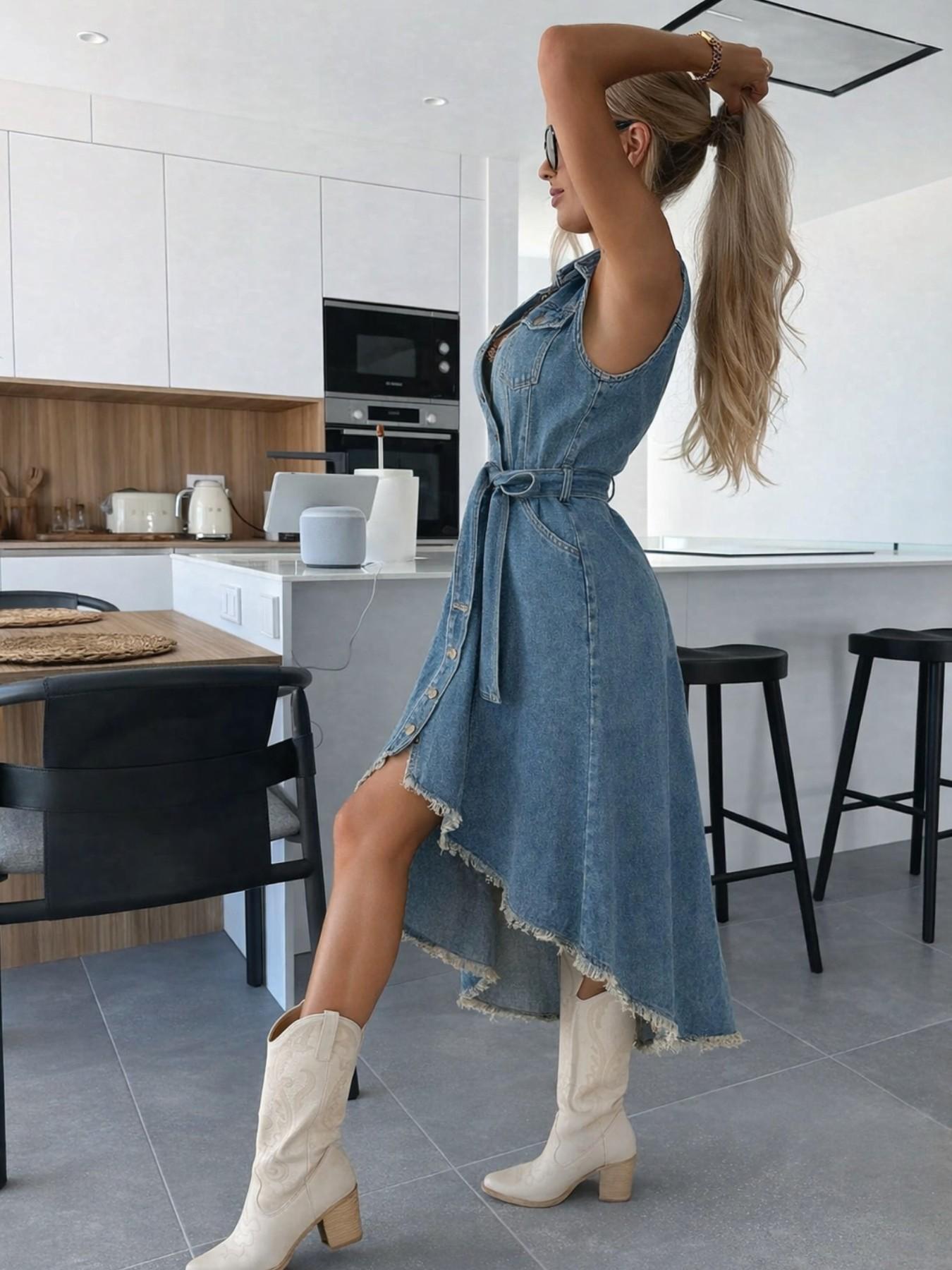 Women's Summer Vintage Elegant Waist Cinched Asymmetric Hem Front Button Sleeveless Denim Dress, Casual Fashion for Spring & Fall