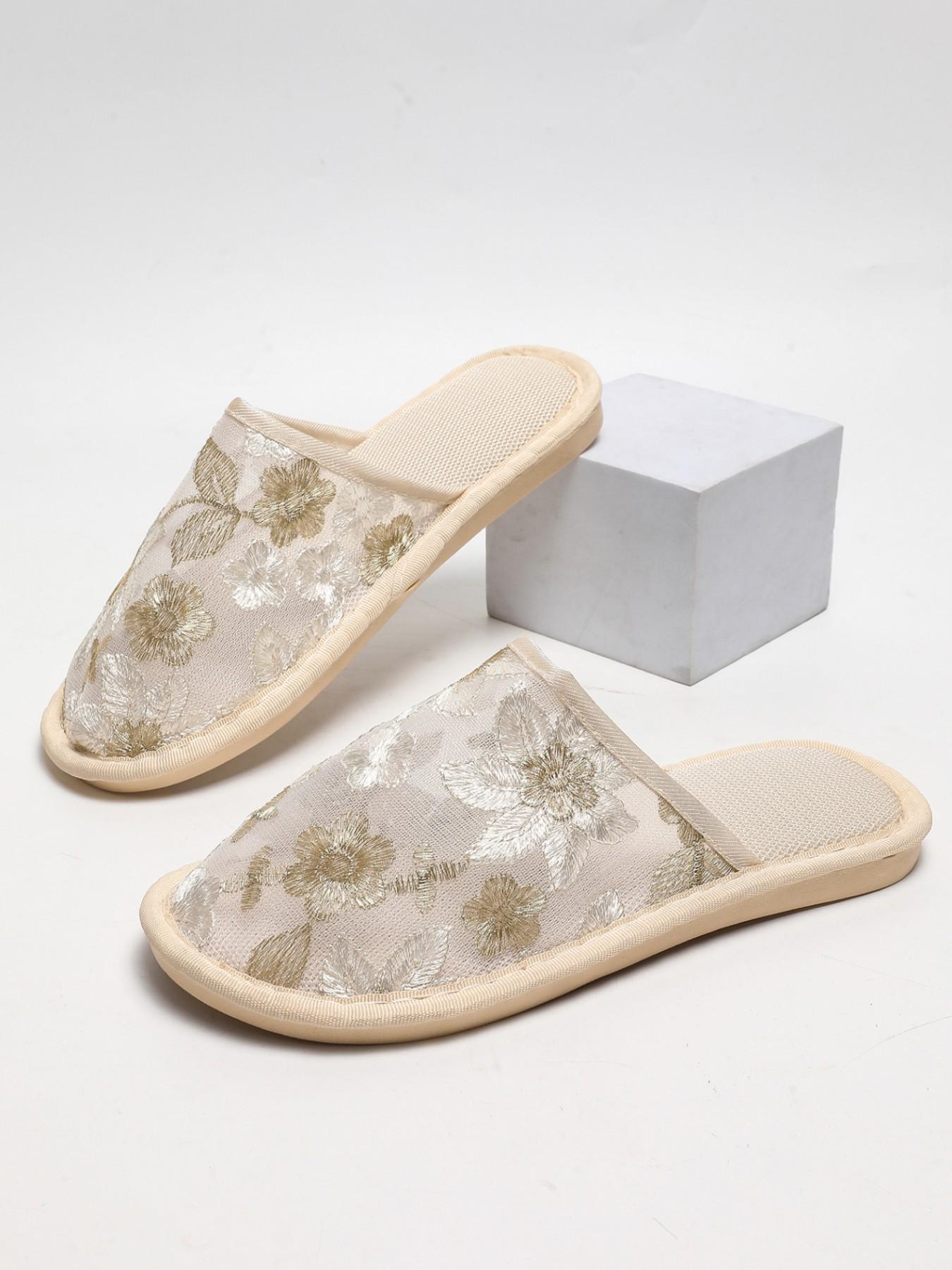 New Breathable Mesh Embroidered Flower Slippers, Soft Sole Anti-Slip Quiet Indoor Shoes, Lightweight Comfortable Home Footwear