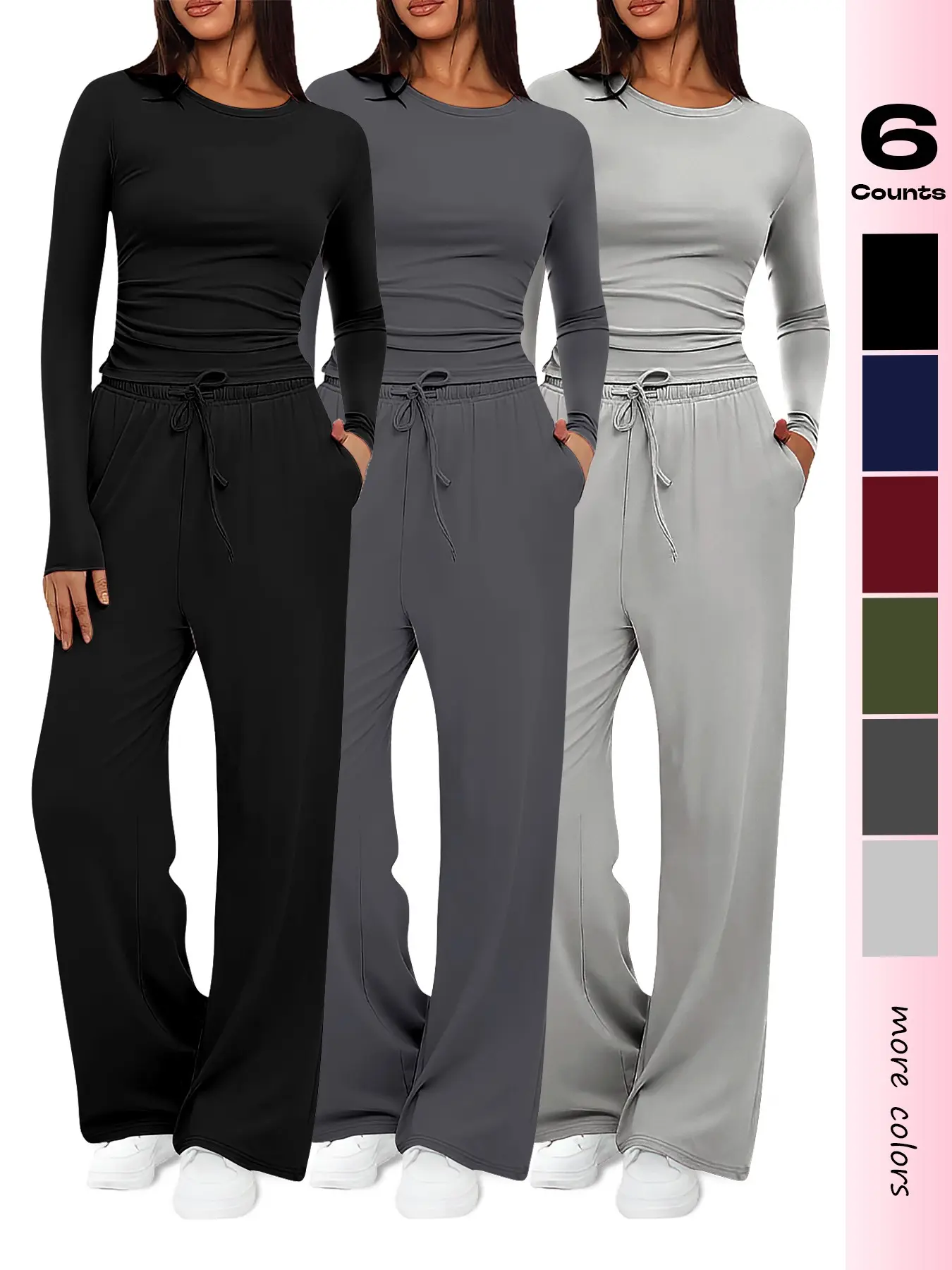 Women's Plain Fashion Casual Home Wear Set, Long Sleeve Round Neck Top and High Waist Pocket Drawstring Wide Leg Pants Set