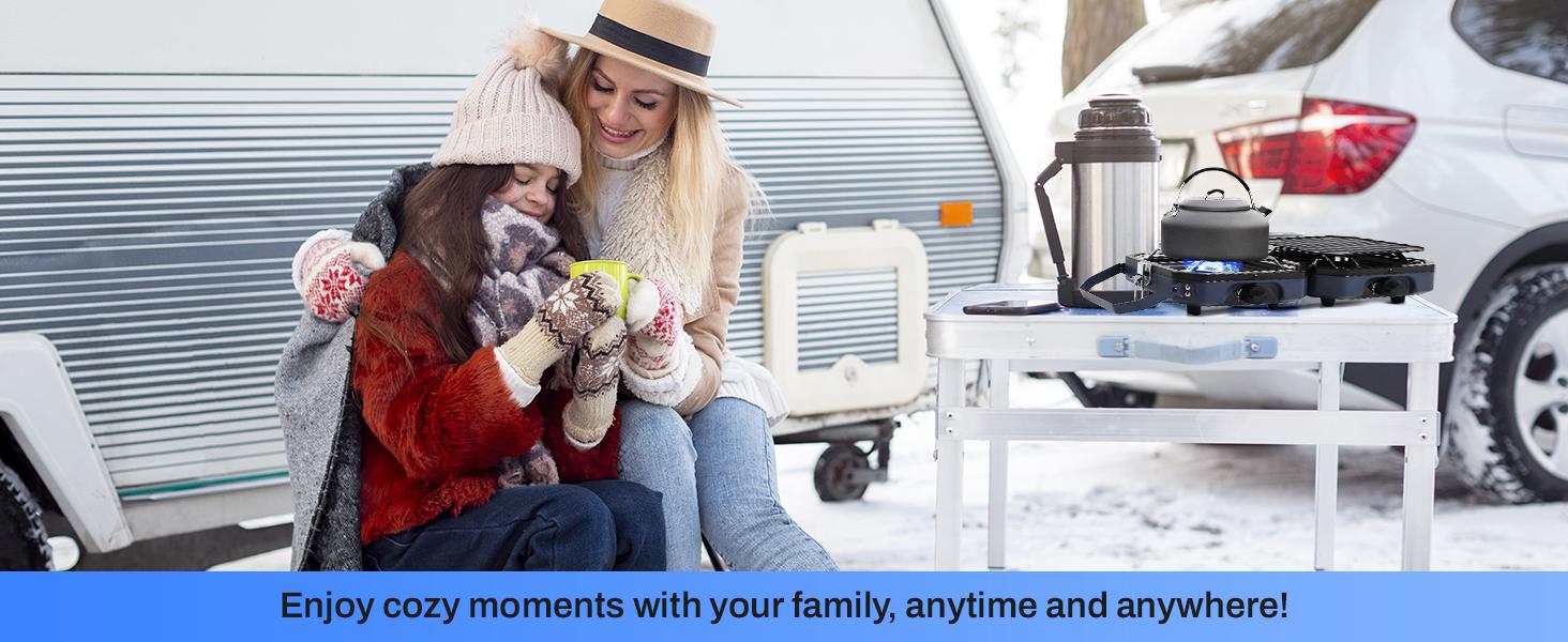 SCITOO 2 Burner Folding Camping Stove with Griddle, Portable Camp Isobutane Gas Stove with 16000 BTU Adjustable Burners & Piezo Ignition wind proof