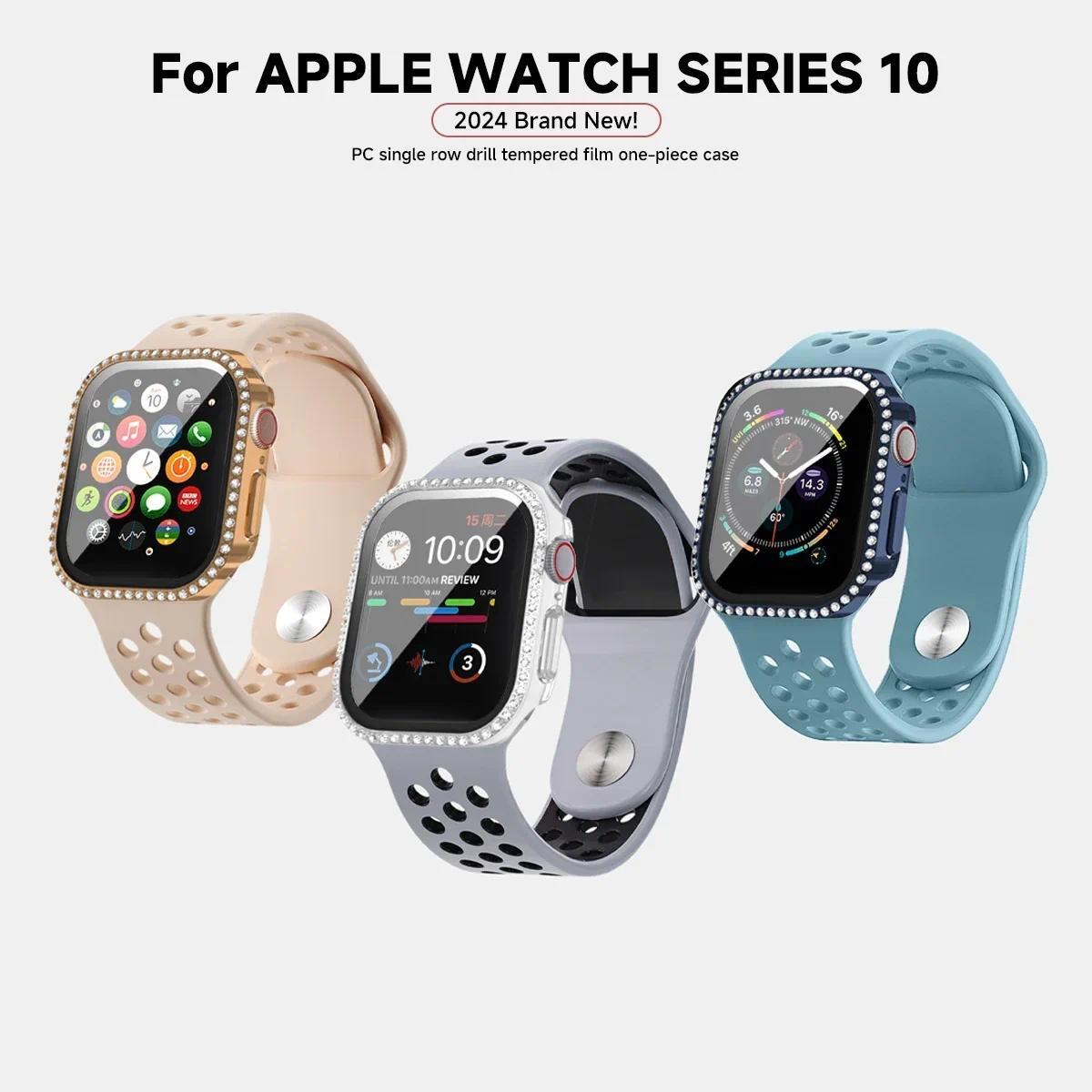 Bling Glass+Cover For Apple Watch 11 10 42mm 46mm Diamond Hard PC bumper+Screen Protector Case iwatch series 11 10 Accessories