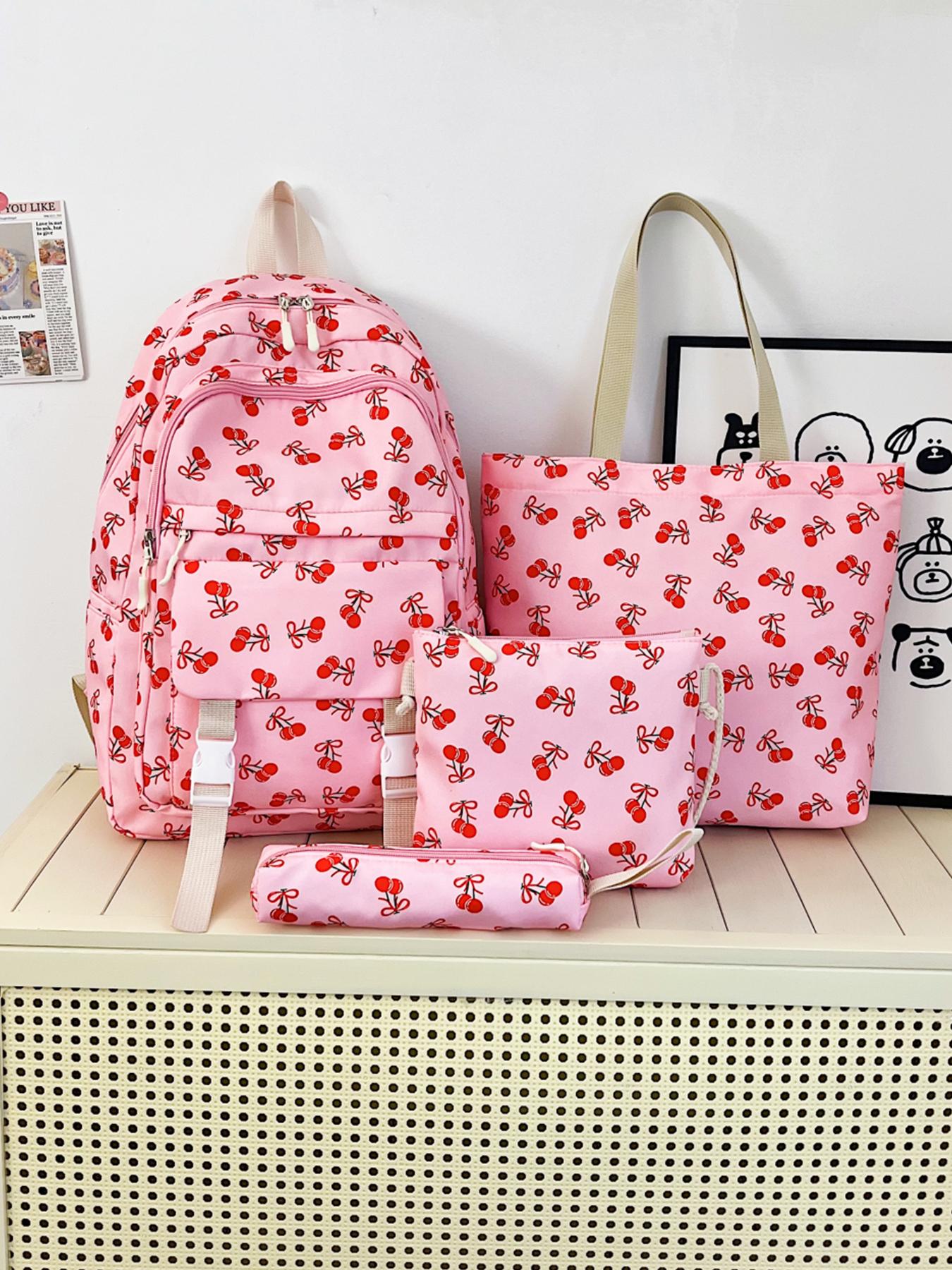 4pc  women's backpack solid color backpack cherry print fashionable and versatile casual trend suitable for students to go to school, campus, travel, shopping, multi-purpose women's backpack Stylish Casual Daypack