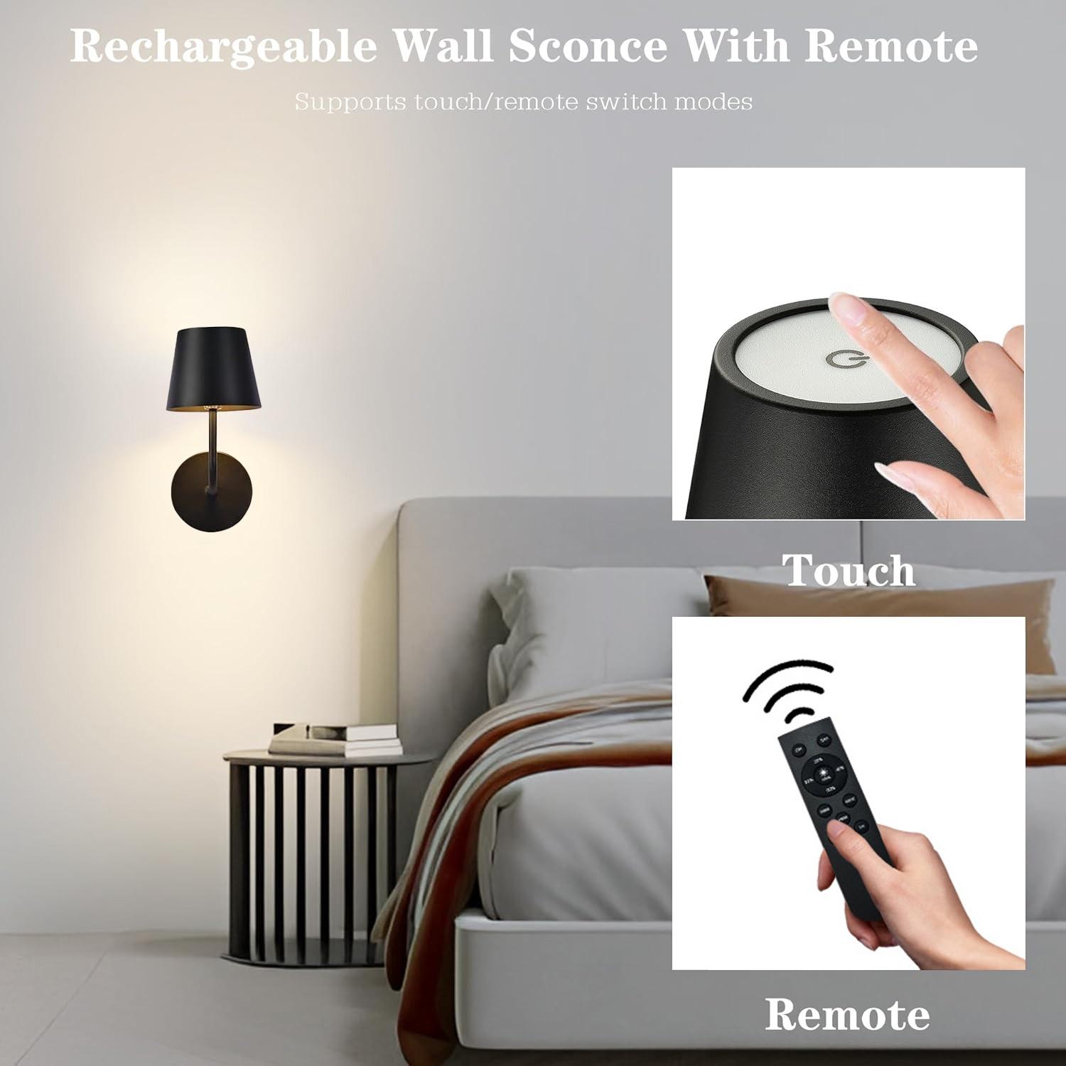 2-Pack LED Wall Lights, Remote Control, Dimmable Timer, Rechargeable Touch Control, Indoor Lighting for Bedroom Office Hallway