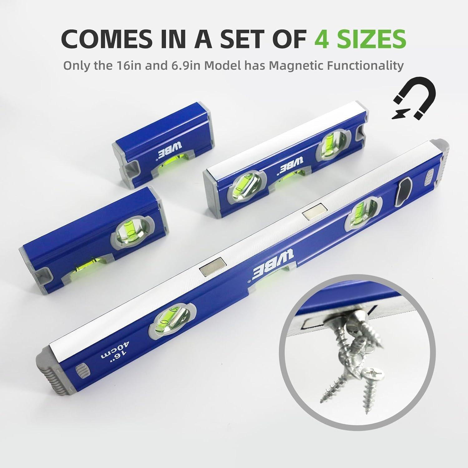 4- Torpedo Level Set, Aluminium Alloy  Spirit Level Included 16", 7", 5", 4" Leveler with 180?/90?/45? Bubbles, Clear, Green.