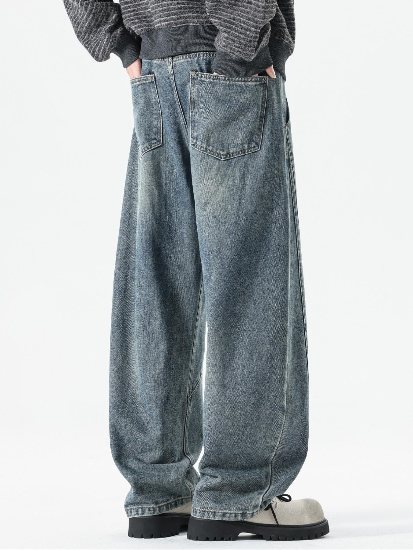 Men's Retro Washed Denim Jeans, Long Loose-Fit Y2K Street Style, All-Season Zipper Fly Pants, Perfect Gift for Boyfriend/husband