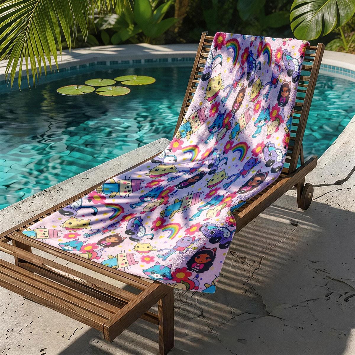 A Gabby's Dollhouse Cartoon Characters Rainbow All-over Printed Beach Towel - Oversized, Skin-friendly, Absorbent and Quick-drying, Perfect for Beach and Pool Leisure, Ideal for Summer Trips - Suitable for Seaside Vacations, Pool Parties and Outdoor Picni
