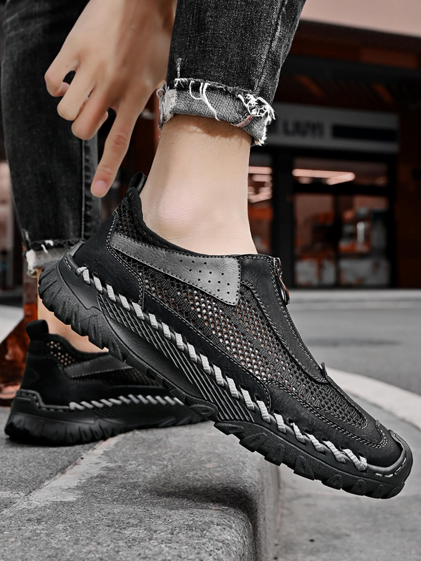 Men's Solid Color Mesh Zipper Toe Casual Shoes, Soft Sole, Non-Slip, Hand-Stitched, Breathable Slip-On Lazy Dad Shoes