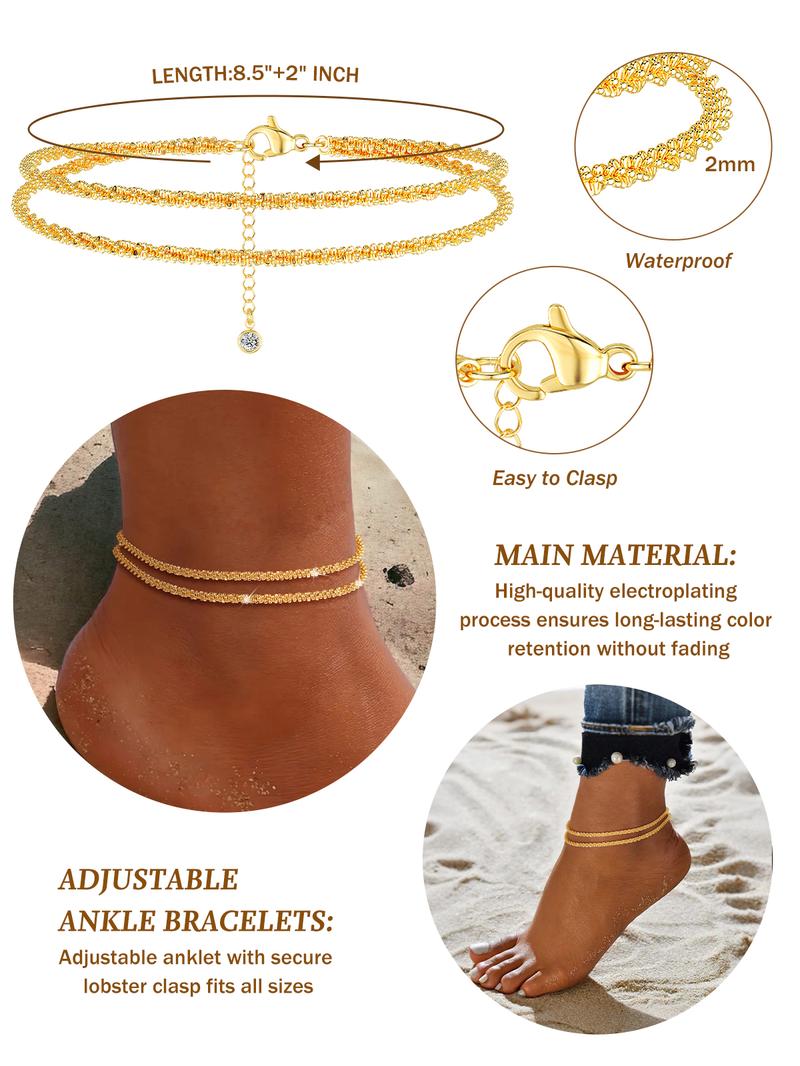 TEWIKY Dainty 14K Gold Plated Layered Waterproof Anklet For Women Adjustable Womens Anklet Set Stackable Figaro Beaded Cuban Link Anklets Daily Clothing Decor For Beach Summer Trendy High Quality Bracelet for Valentine's Day gifts