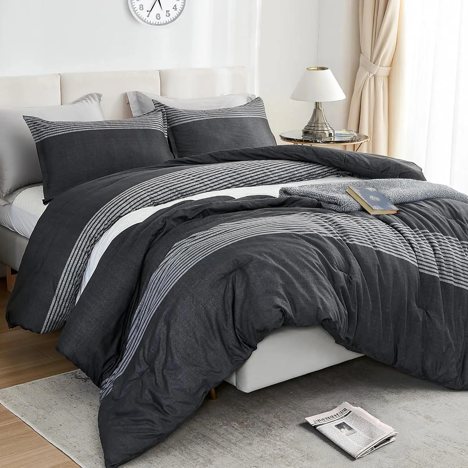【Fall Deals For You】Queen Dark Grey Modern Geometric Striped Comforter Set - 2 Pillow Shams, Soft Airy Comfy Bed Cover, Decorative Quilt, All-Season Breathable Bedding, Breathable Bedding Sets