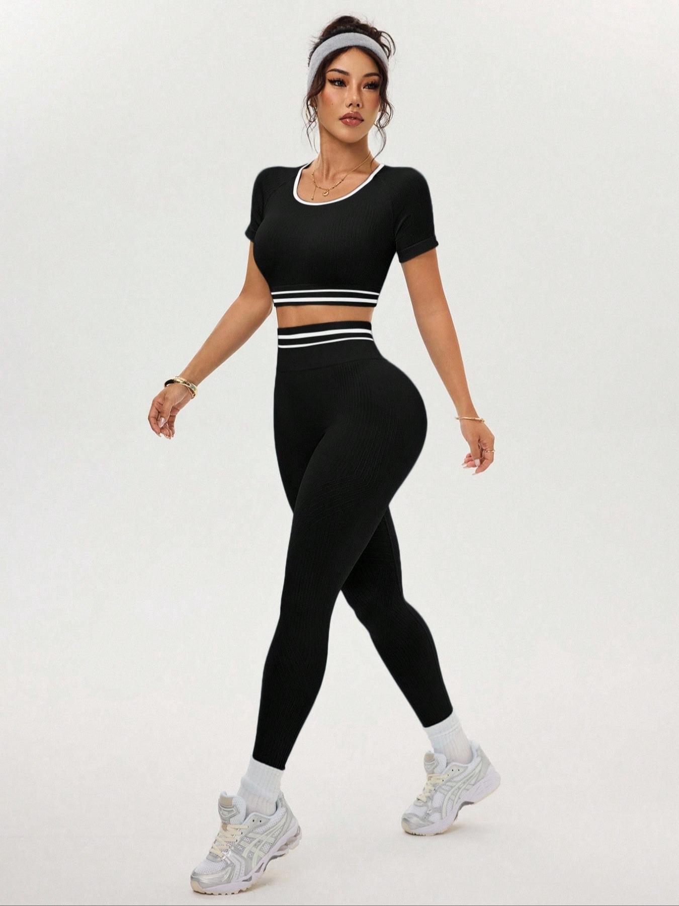 Women's Two-Piece Set, Colorblock Ribbed Round Neck Sporty Short Sleeve, High Waist Butt Lifting Yoga Tight Pants, Casual Fitness Fashion