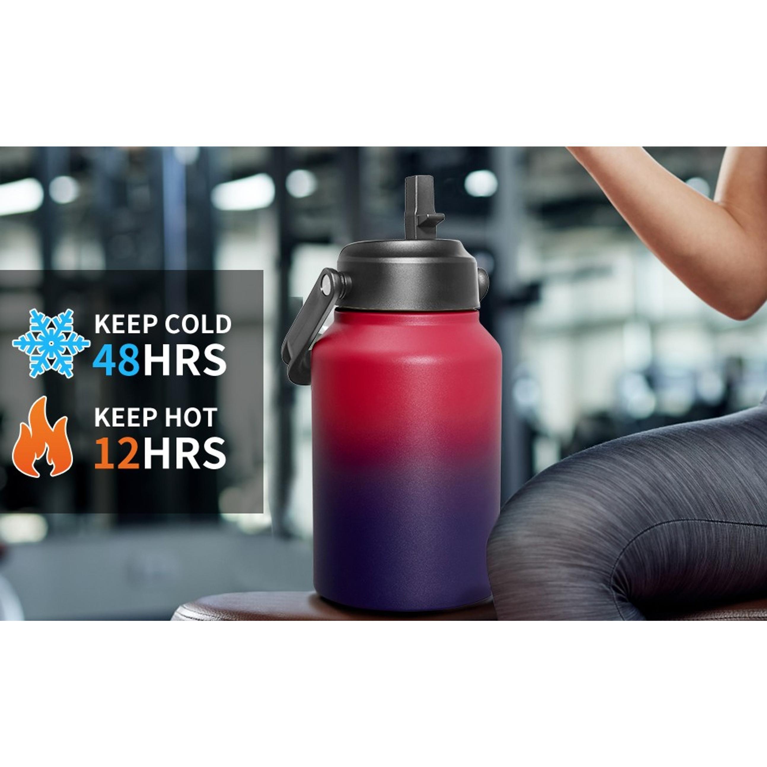 Half Gallon Insulated Water Bottle with Straw - 64oz Stainless Steel Sports Flask with Handle, Thermal Water Jug Mug with 2 Lids, BlackGift