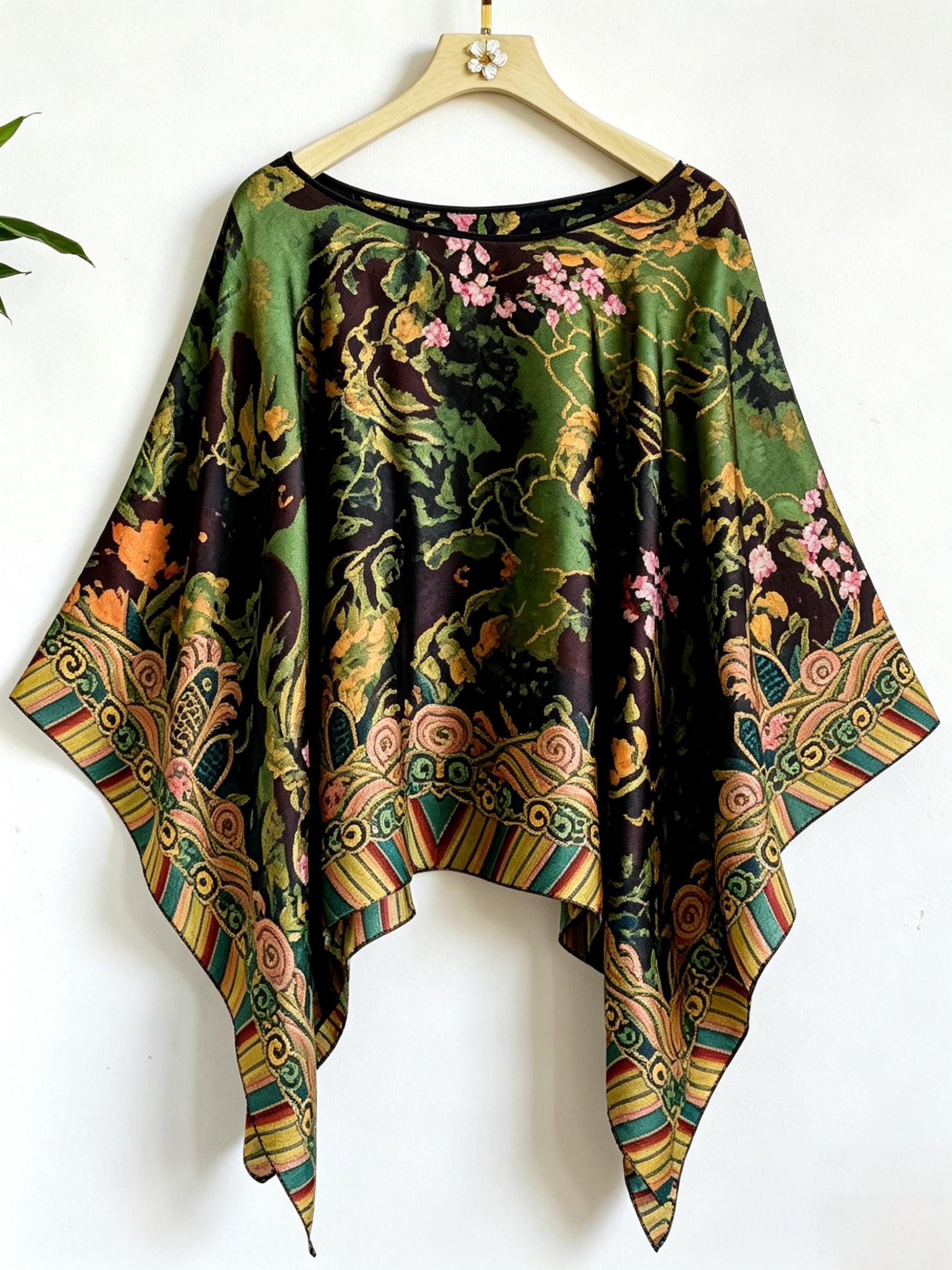 1 piece of women's chic elegant retro paisley multi-pattern pullover shawl, lightweight chiffon sun protection top for summer, oversized boho loose batwing sleeve outer cardigan, ethnic style vacation beach sun protection clothing