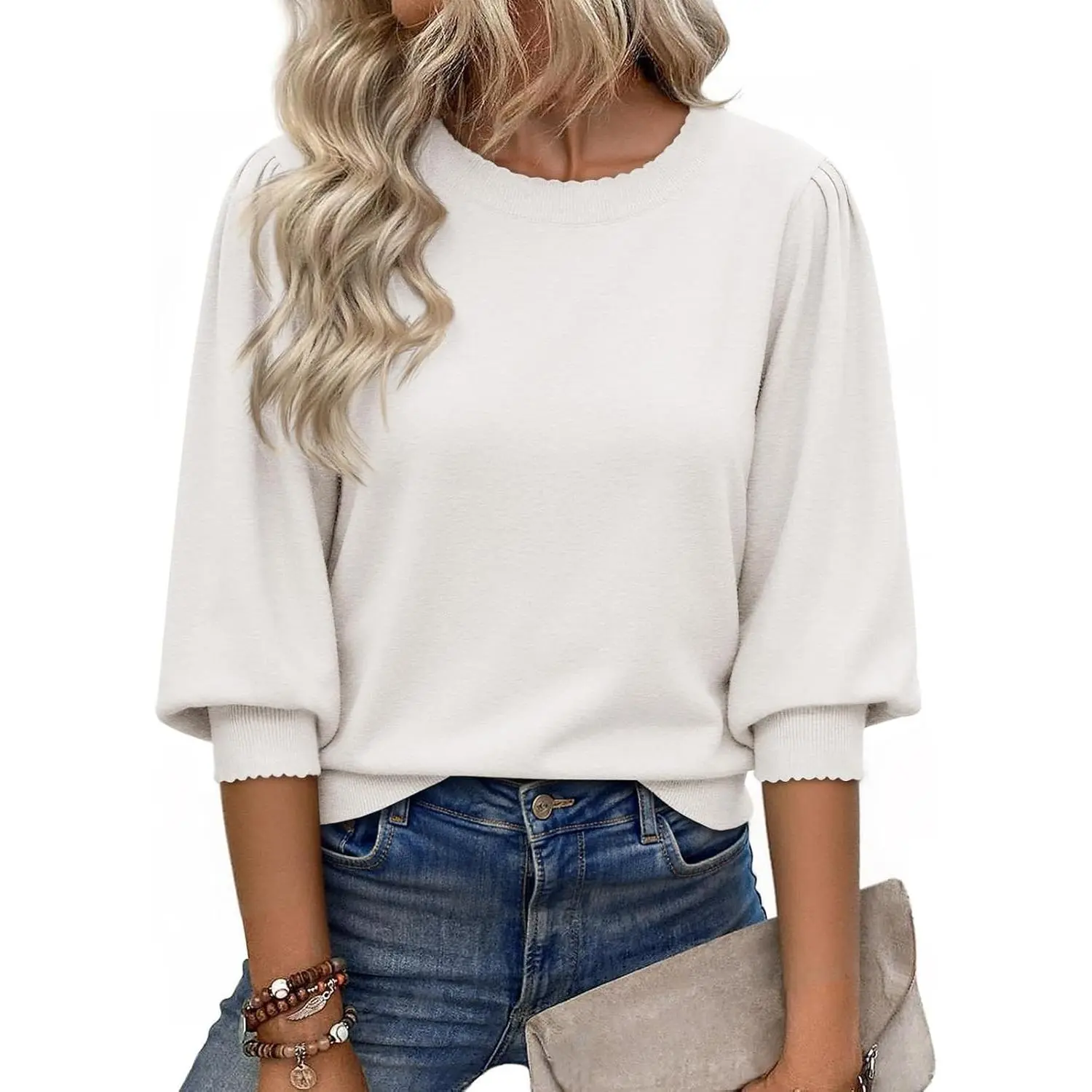 Women's 3/4 Puff Sleeve Casual Knit Pullover Sweater Top, Scallop Trim, Loose Fit, Crew Neck, Lightweight Soft Cozy Fall Winter, Dressy Trendy ChicGift