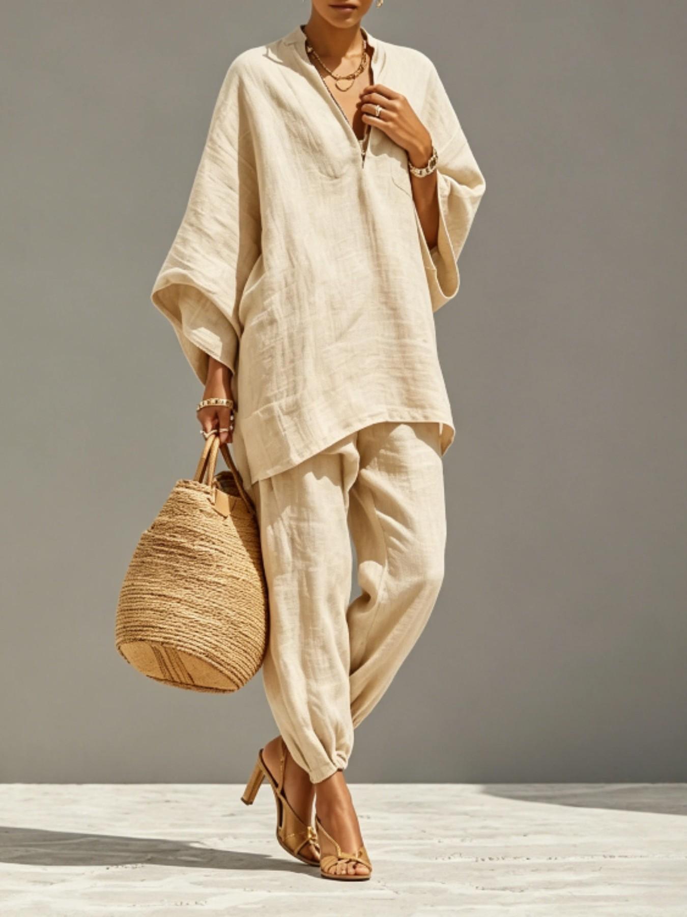 Women's Summer Loose Fit Solid Linen Deep V Neck Batwing Sleeve Pants Set, Casual Long Length, Comfortable Daily Wear, Multiple Colors Available