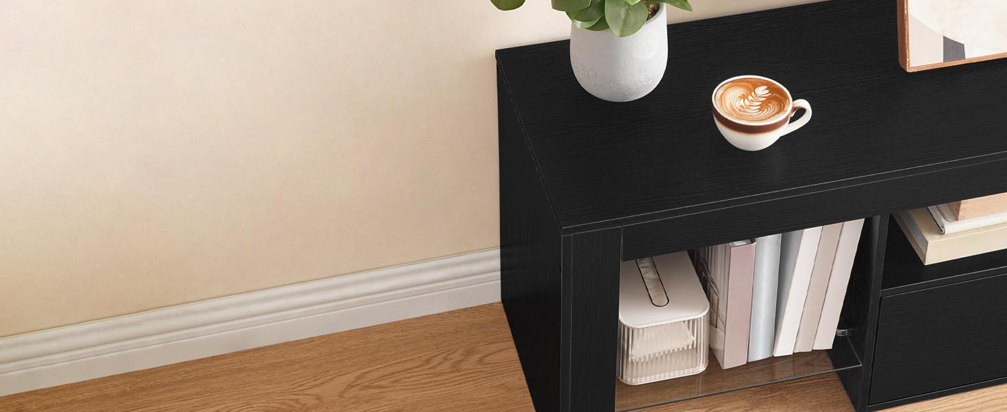 HOOBRO LED Modern Media TV Console Table with Large Drawer, TV Stand with Power Outlets to 65 inch TV, Gaming Entertainment Center with Glass Shelves, for Living Room Bedroom, Black HOOBRO LED Modern Media TV Console Table with Large Drawer, TV Stand with Power Outlets to 65 inch TV, Gaming Entertainment Center with Glass Shelves, for Living Room Bedroom, Black