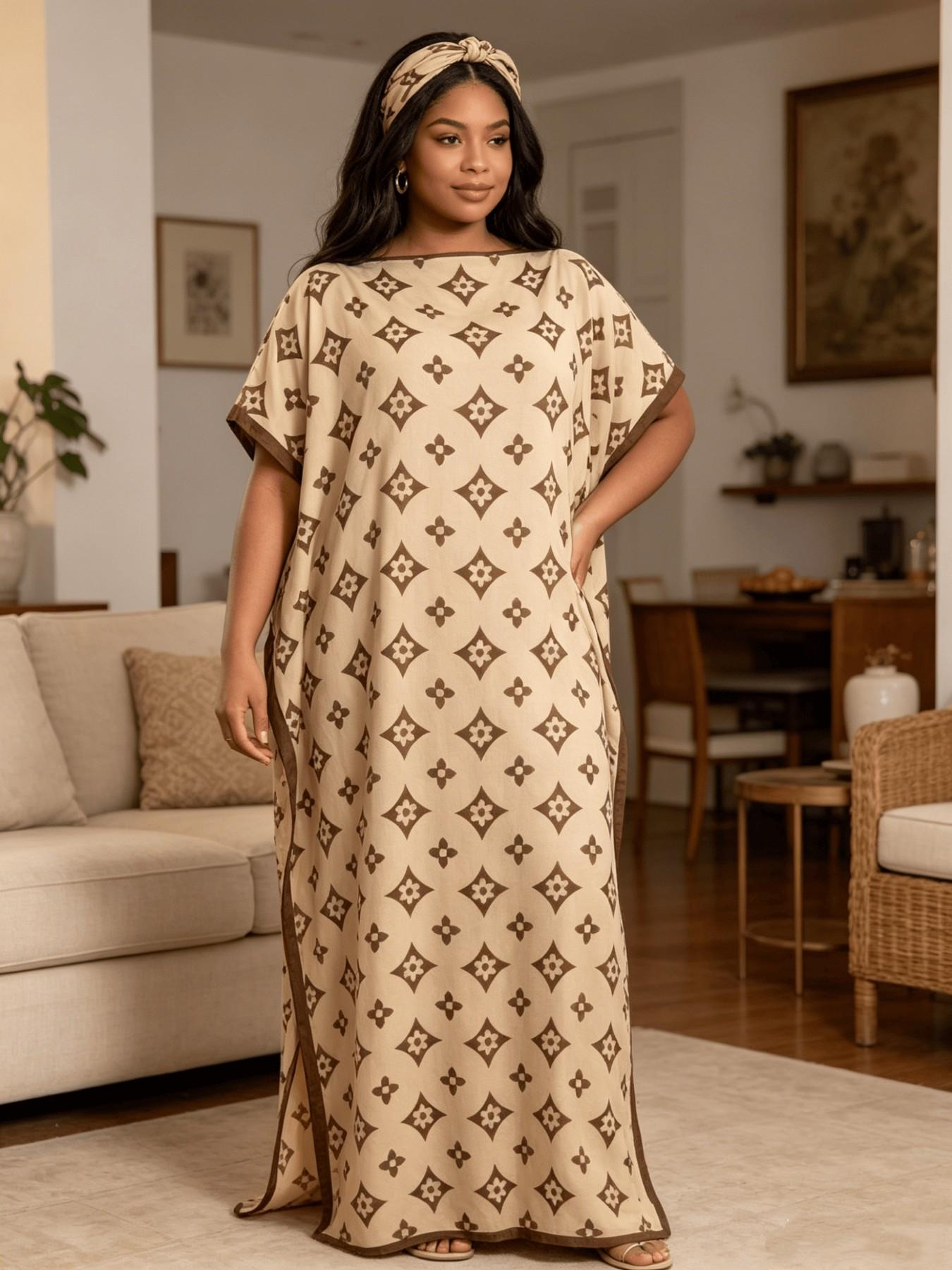 Beige Brown Four-Leaf Clover Print Aesthetic Kaftan Two Piece Set With Matching Scarf, Oversized Split Hem Maxi Robe, Soft Casual Loungewear Beach Night Dress, Fits Plus Size Curvy Figures