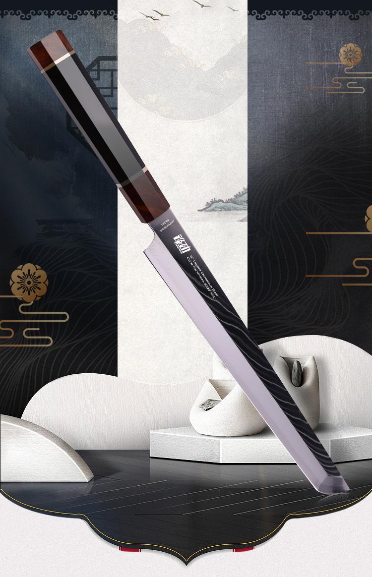 FINDKING Prestige Series Sakimaru Knife with Walnut Cover, Japanese SKD11 Damascus Steel Blade, Ebony Wood Octagonal Handle, Professional Sashimi Sushi Fish Knife (10.5 Inches, with Wooden Gift Box)