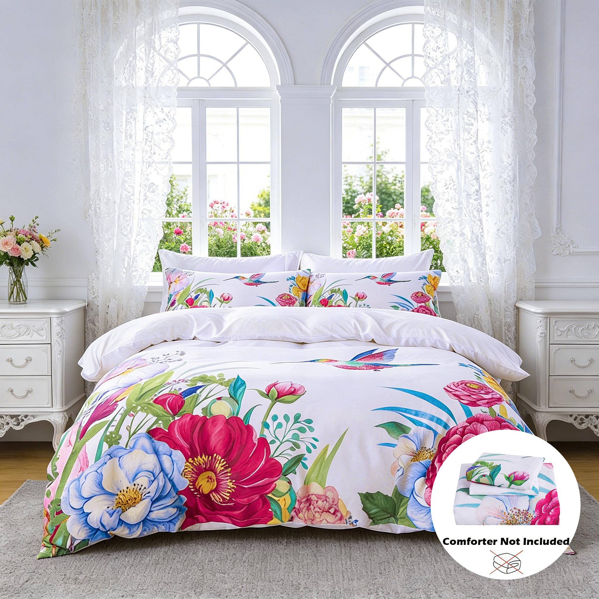 3pcs Plant Flower Hummingbird Bedding Set, Includes 1 Duvet Cover + 2 Pillowcases, Comfortable Sleep, Durable Material, Perfect Gift for Dorm Room