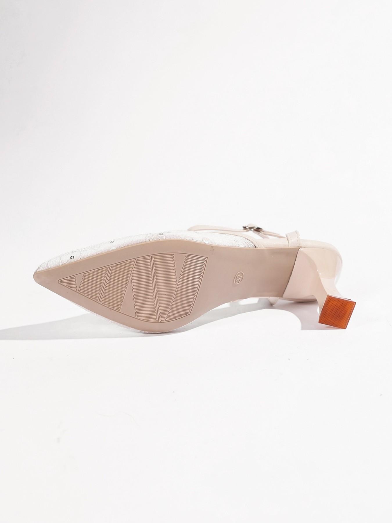 Women's Lace Mesh Wedding Shoes, Detachable Pearl Anklet, Pointed Toe, Thick Heel, Bridal Shoes, Elegant and Comfortable