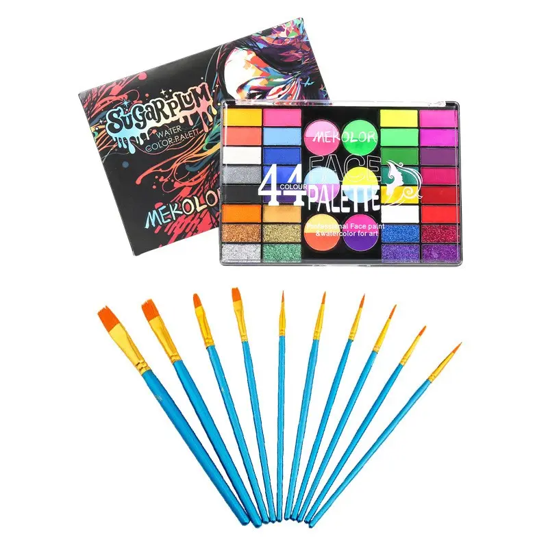 Large 42-shade water activated face makeup paint, Face Paint Palette, safe hypoallergenic non-irritant texture, easy water mixing application. drawing stencils and brushes, make fun creative face styles for Halloween, birthdays and all kinds of parties.