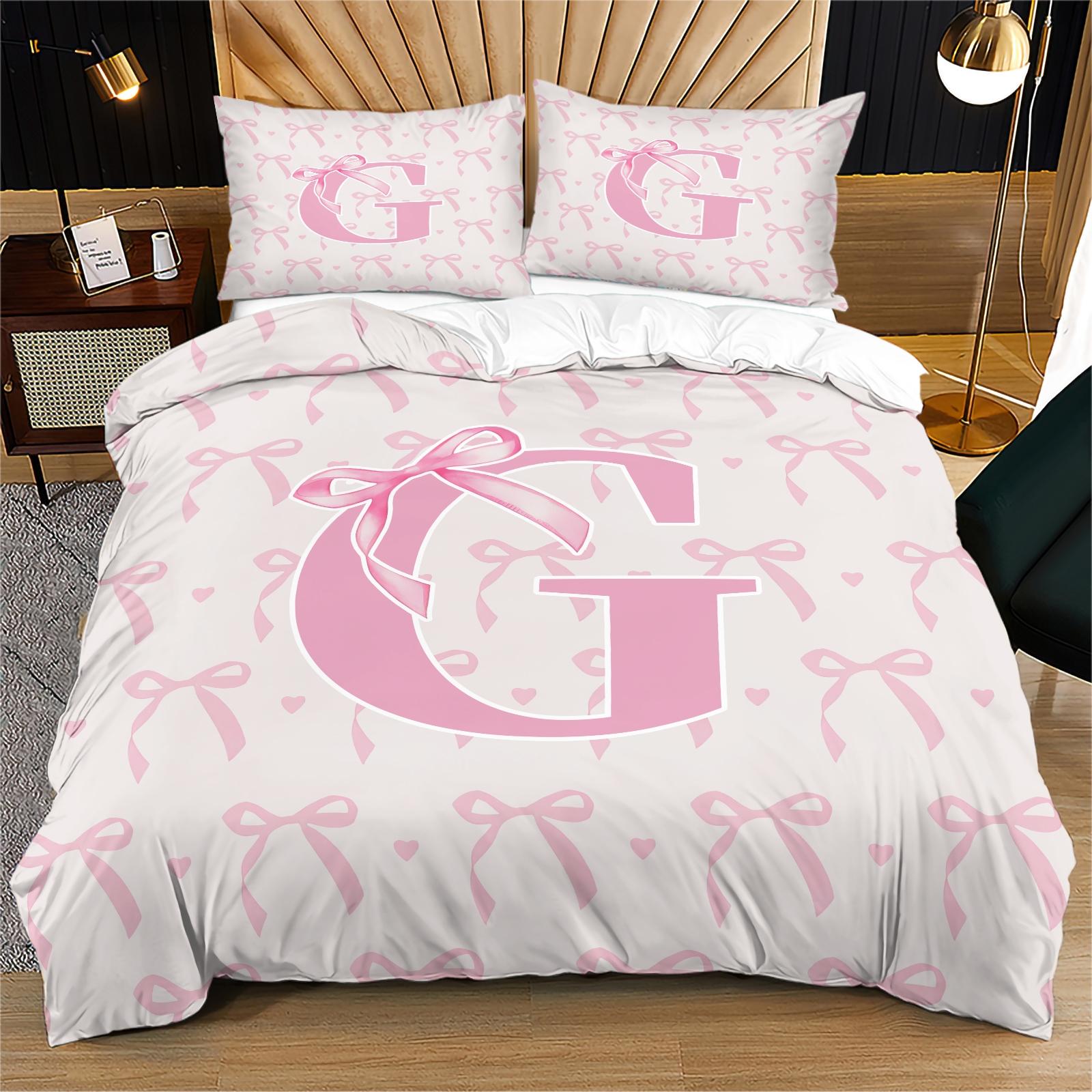 2/3 PCS Pink Romantic Ballet Bow Full Alphabet Initial Duvet Cover Set, Coquette Aesthetic Bedding with Zipper Closure for Easy Removal, Ideal Housewarming Birthday Christmas Gift, No Filling