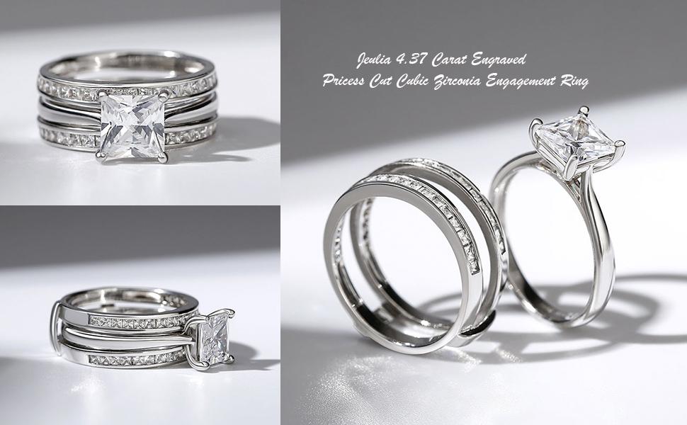 Jeulia 4.37 Carat Engraved Pricess Cut Cubic Zirconia Engagement Ring  Wedding Bands for Women CZ Solitaire Sterling Silver Anniversary Bridal Promise Rings Set wedding set Sterling Silver Zircon