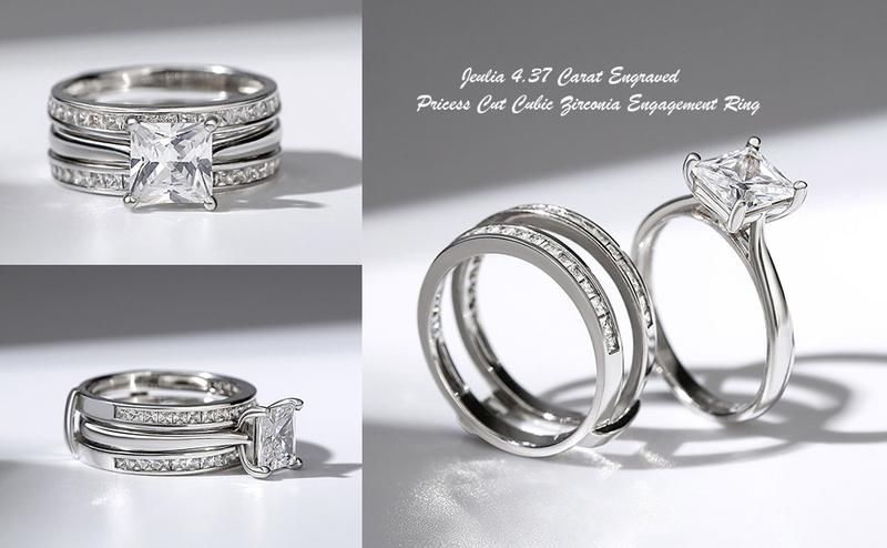 Jeulia 4.37 Carat Engraved Pricess Cut Cubic Zirconia Engagement Ring  Wedding Bands for Women CZ Solitaire Sterling Silver Anniversary Bridal Promise Rings Set wedding set Sterling Silver Zircon