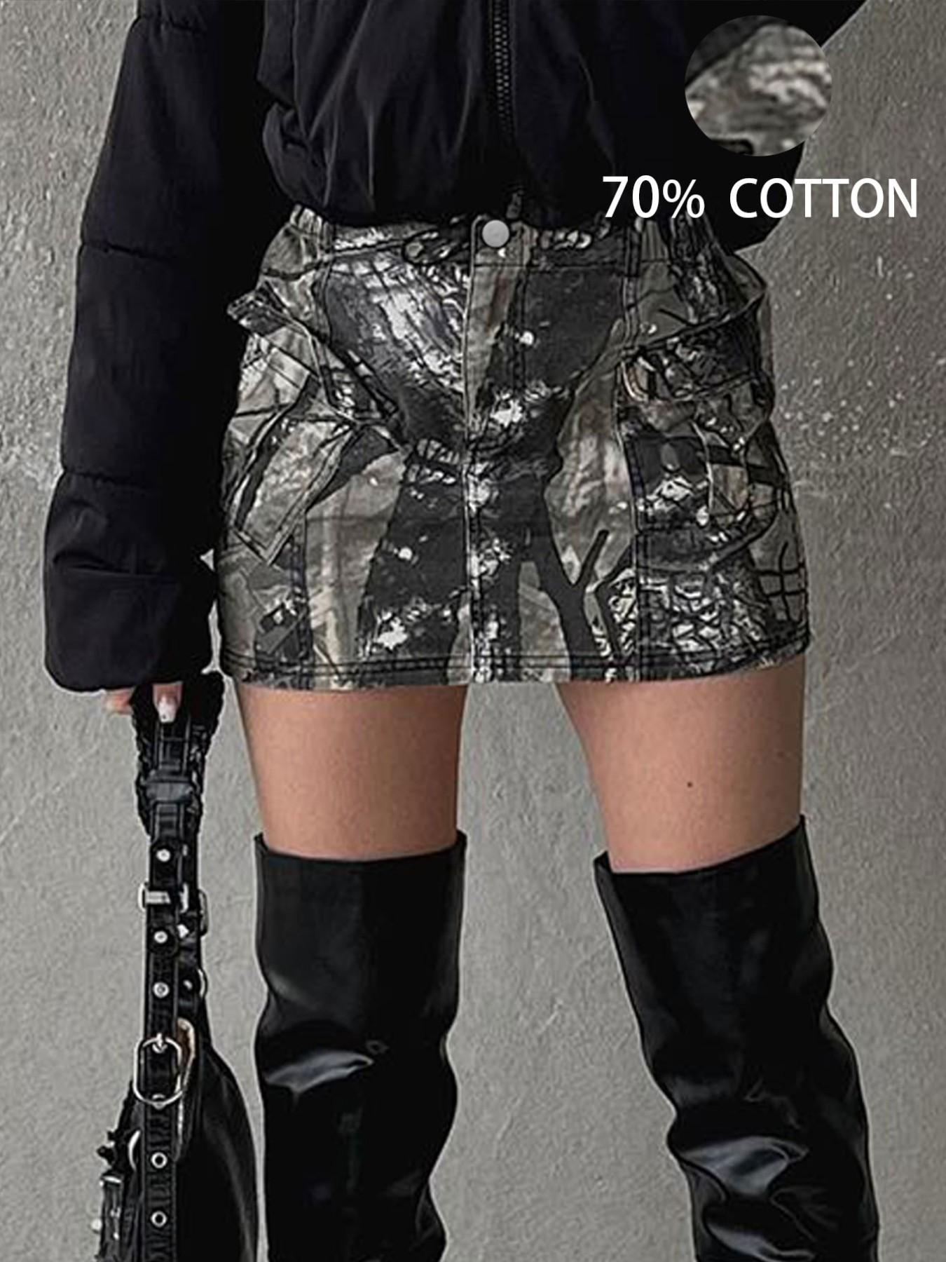 GILIPUR American Retro Tree-Bark Camouflage Cargo Skirt — "It-Girl" Style, Multi-Pocket A-Line Hip-Hugging Mini Skirt — Women's Streetwear | TChic