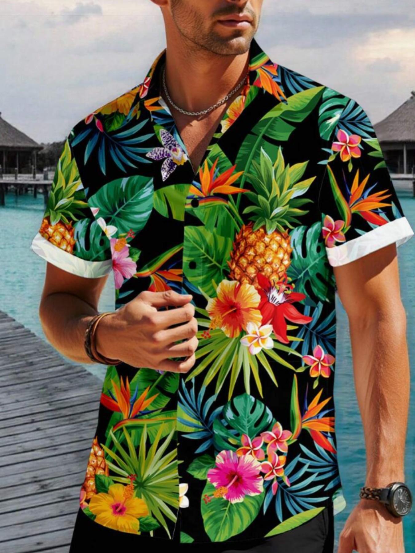 Men's Tropical Hawaiian Shirt, Vibrant Floral Pineapple Print, Short Sleeve Button-Up, Loose Fit, Spring & Fall, Casual Shirt